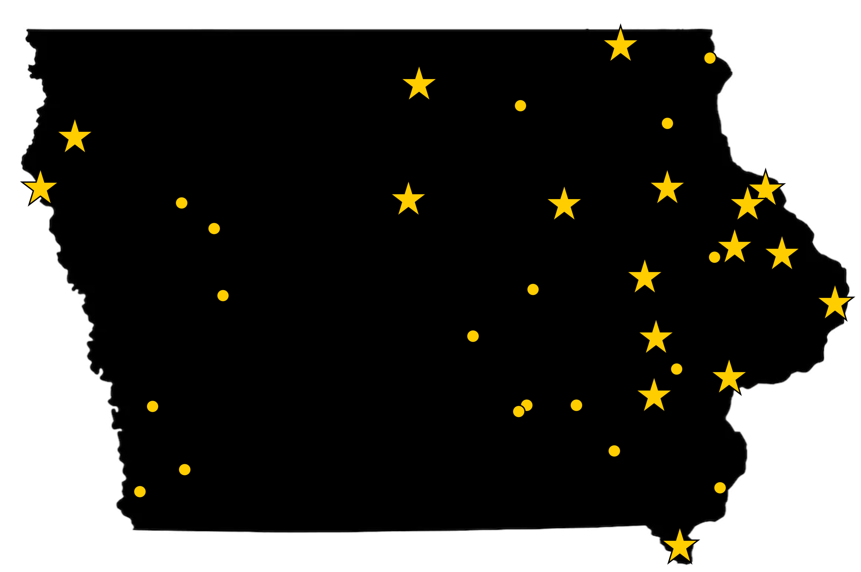 black map of Iowa with yellow stars