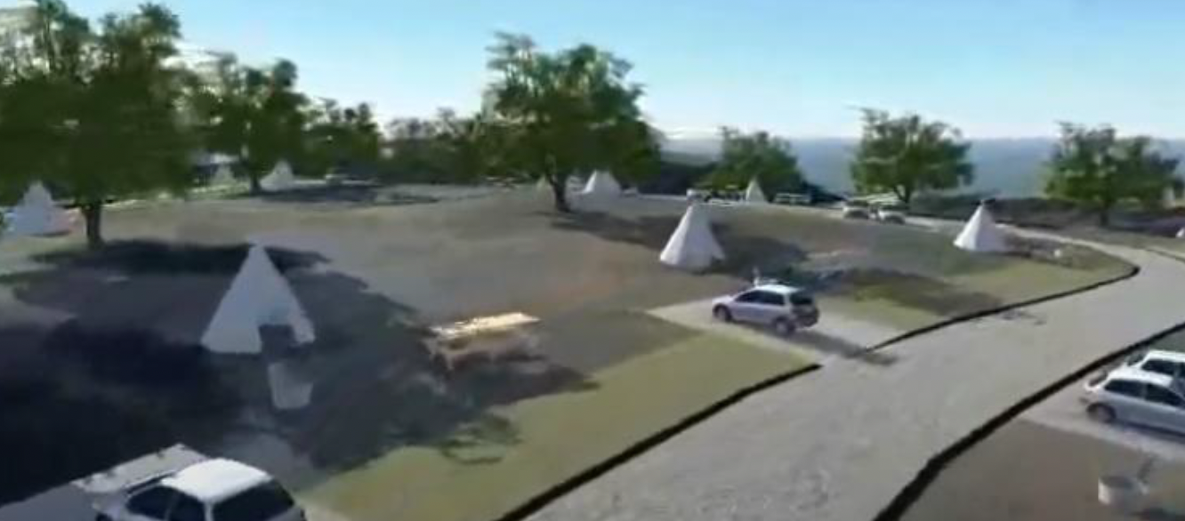 Computer graphic of campground with tents and cars. 