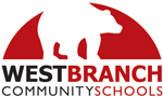 A red half circle with a white silhouette of a bear with the words West Branch along the bottom