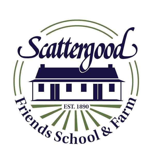 A building with a blue roof in a circle that reads Scatter Goods Friends School & Farm