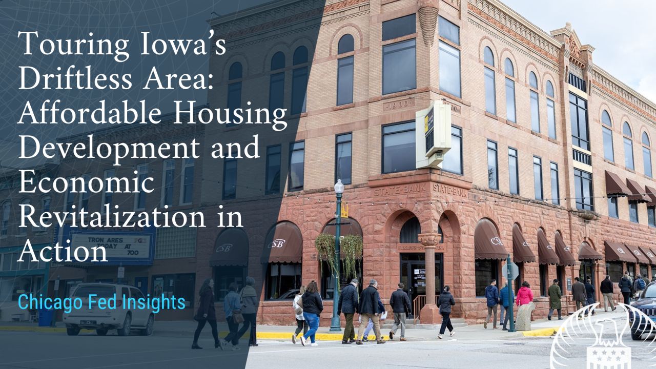 An image of a line of people walking toward a historic brick building. The text on the image reads Touring Iowa Driftless Area: Affordable Housing Development and Economic Revitalization in Action