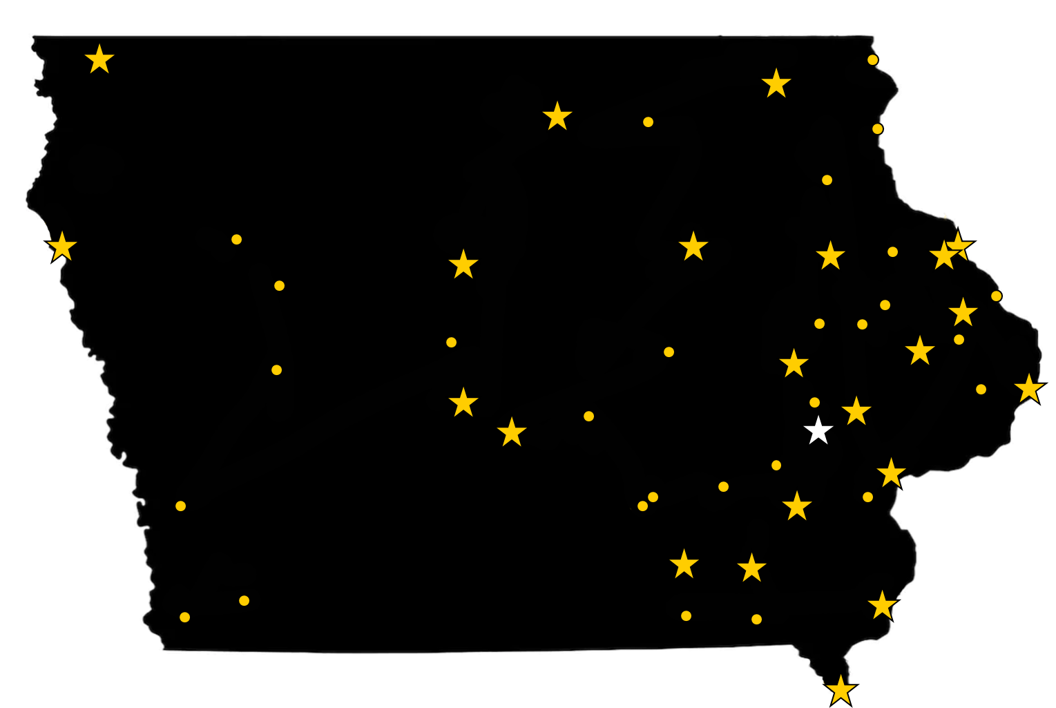 A map of Iowa with stars in the locations that have been an IISC full partner and dots where IISC has done projects