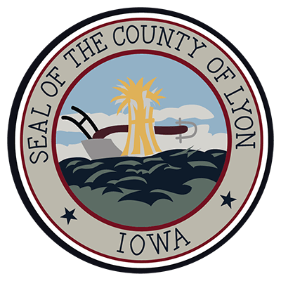 The seal of Lyon County Iowa. A picture of a plow with grain.