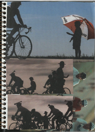 A picture of a zine in a spiral notebook, collage pictures of people on bikes in sunny weather.