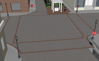 a rendering of a downtown intersection with bricks marking the crosswalks