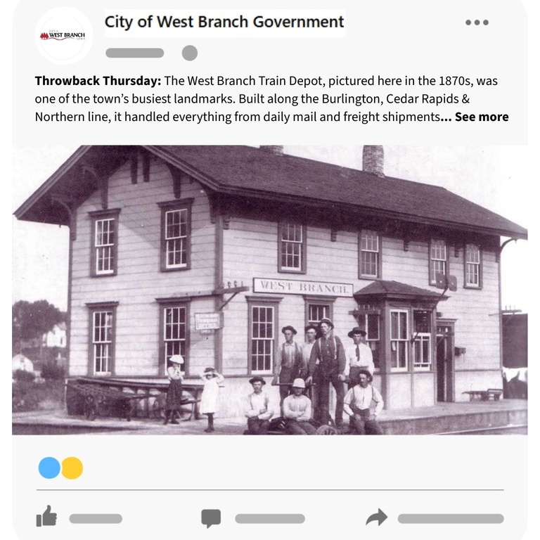 An old black and white photo of people standing in front of a train depot. The picture is formatted to look like a Facebook post.