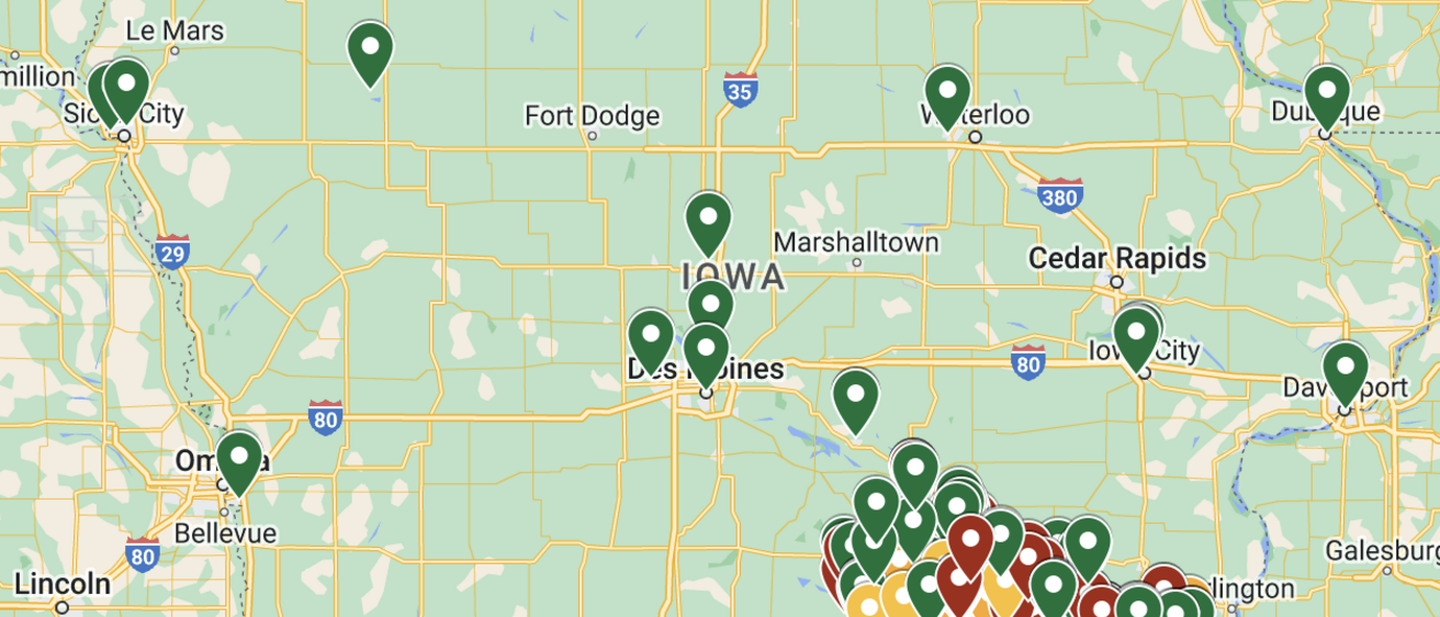 map of Iowa with pinpoints