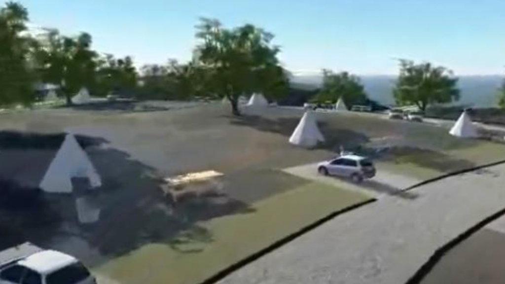 Computer graphic of campground with tents and cars.