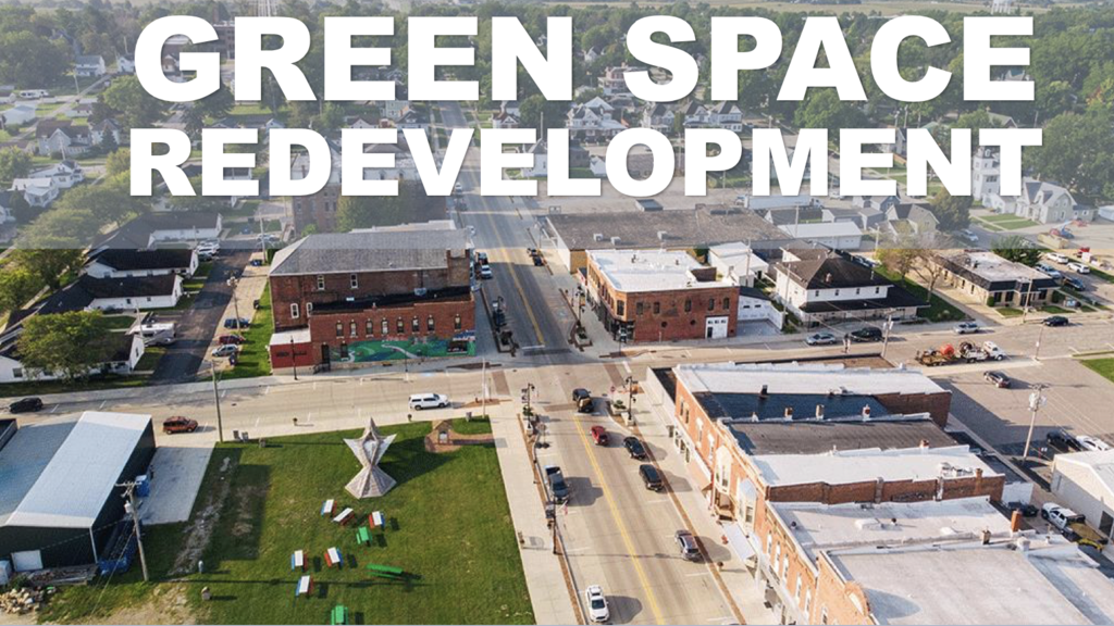 Overhead image of a small town's downtown area
