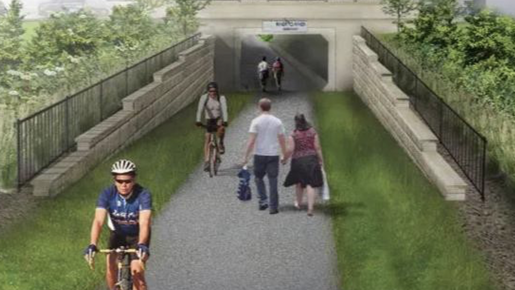 Digital drawing of a highway underpass with people walking and biking under and near it.