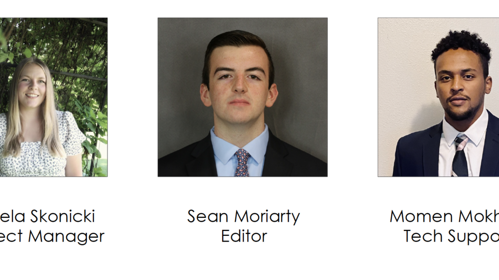 Headshots of three young adults, one white skinned woman, one white skinned man, and one brown skinned man.