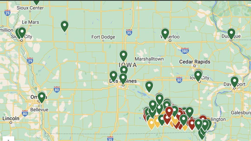map of Iowa with pinpoints