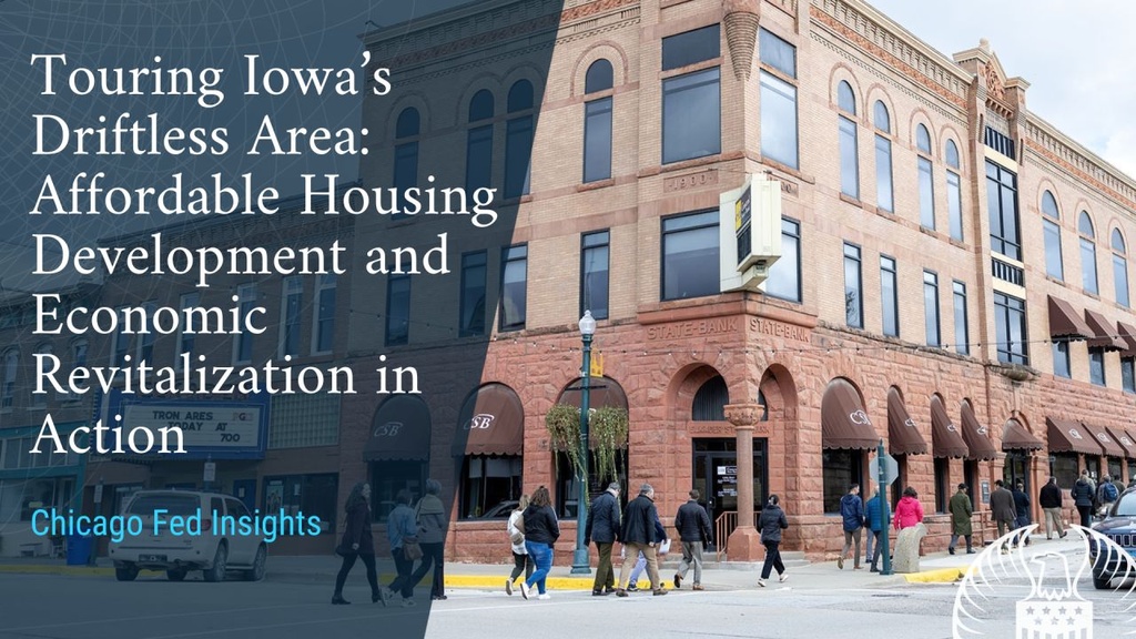 An image of a line of people walking toward a historic brick building. The text on the image reads Touring Iowa Driftless Area: Affordable Housing Development and Economic Revitalization in Action