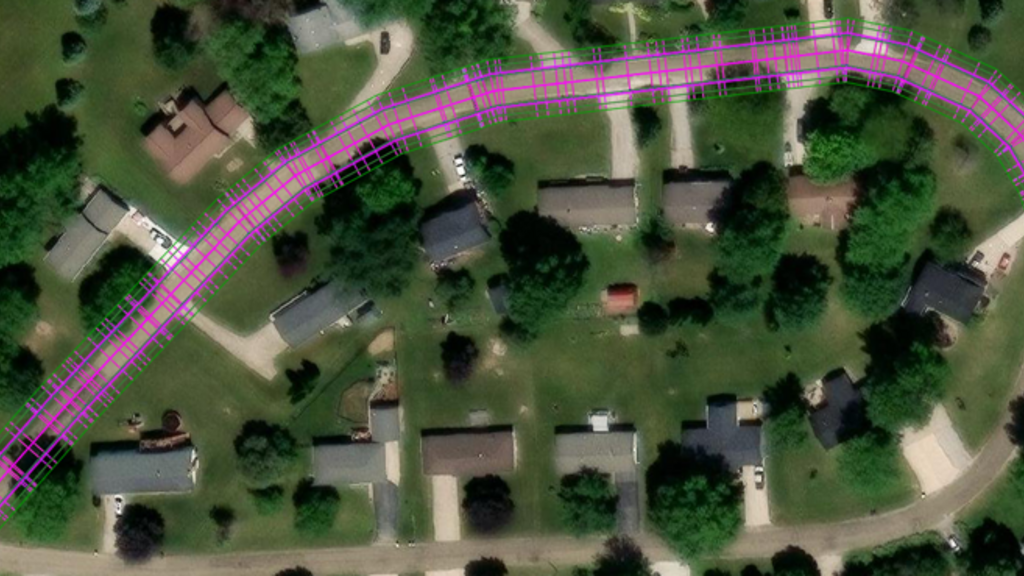 A map with purple markings showing areas for utility design and replacement.