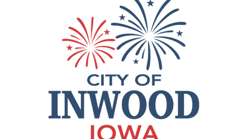 A red and blue firework with the words: City of Inwood, Iowa