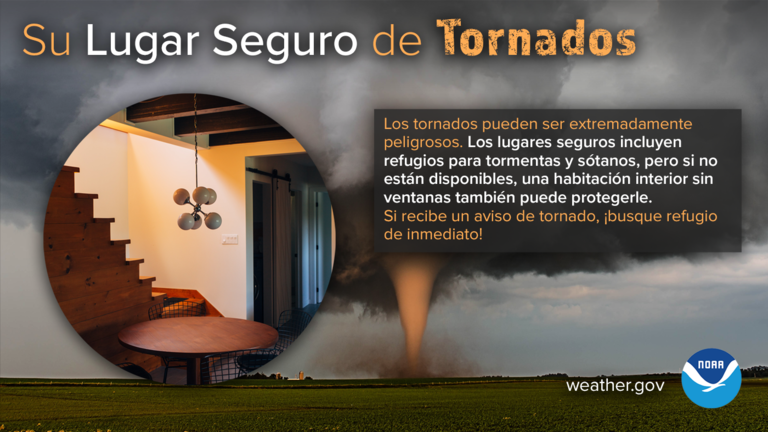 tornado warning information in Spanish with drawing of a basement