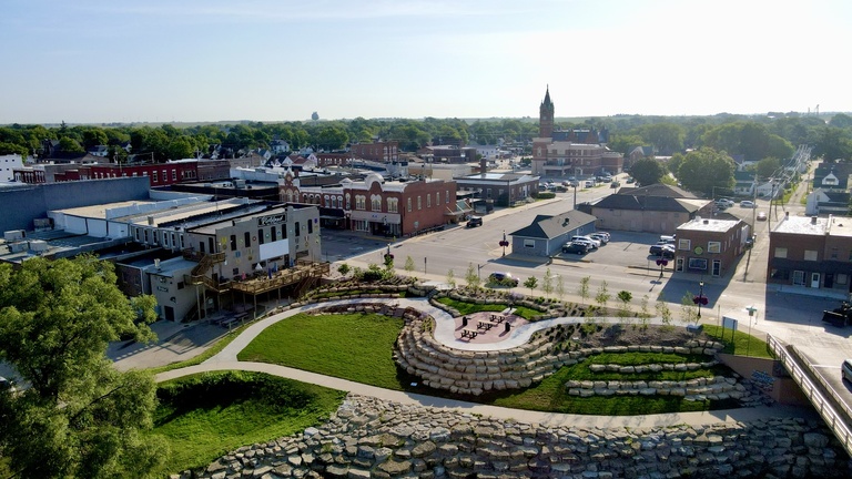 small town on a river bend, aerial view